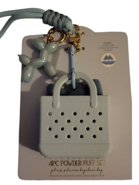 New Mini Tote Keychain, 4PC Powder Puff Set, Blue Iridescent Balloon Dog Charm
